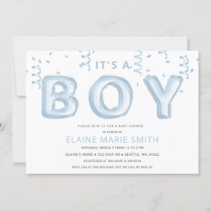 Blue Foil Balloons Confetti Boy Baby Shower Invitation