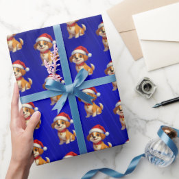Blue Foil Cartoon Dog Christmas Wrapping Paper