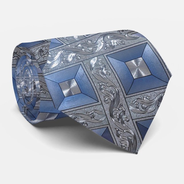 Blue Foil Diamonds Tie (Rolled)