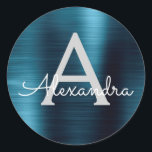 Blue Foil Girly Metallic Monogrammed Wedding Classic Round Sticker<br><div class="desc">Modern and Elegant Blue Faux Girly Metallic Stainless Steel Foil Birthday,  Bridal Shower,  Baby Shower or Wedding Envelope or Favour Seal Sticker. This sticker can be customised to include your initial and first name for a gift package.</div>