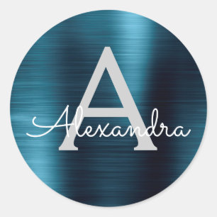 Blue Foil Girly Metallic Monogrammed Wedding Classic Round Sticker