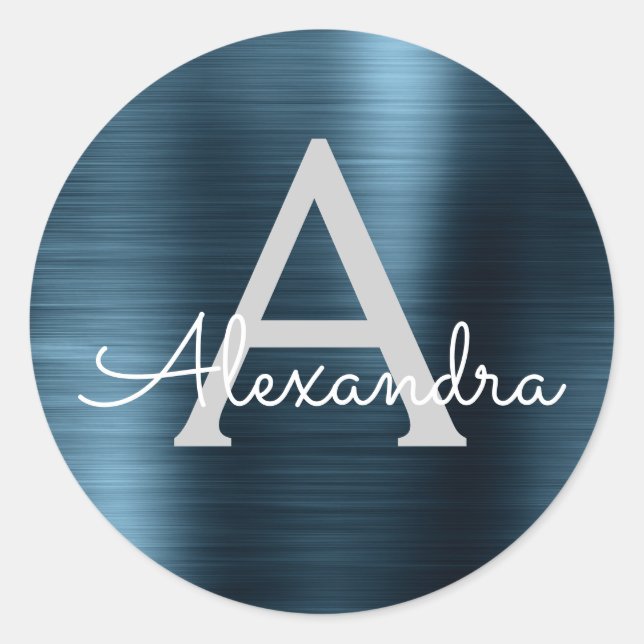 Blue Foil Girly Metallic Monogrammed Wedding Classic Round Sticker (Front)