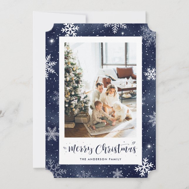Blue Foil Photo Merry Christmas Holiday Card (Front)