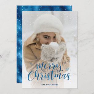 Blue Foil Script Snow Photo Christmas Cards