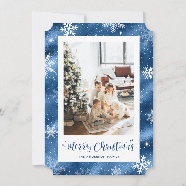 Blue Foil Snowflake Photo Merry Christmas Holiday Card (Front)