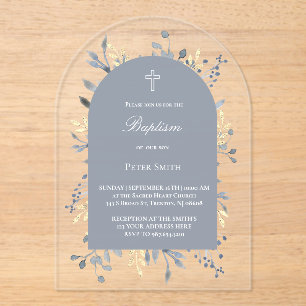 blue foliage Baptism Acrylic Invitation