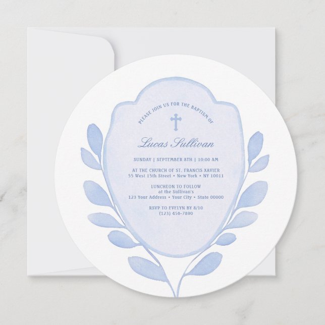 Blue Foliage Crest Baptism Invitation (Front)