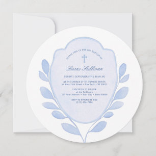 Blue Foliage Crest Baptism Invitation