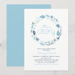 Blue Foliage   Cute Boy Couples Baby Shower Invitation