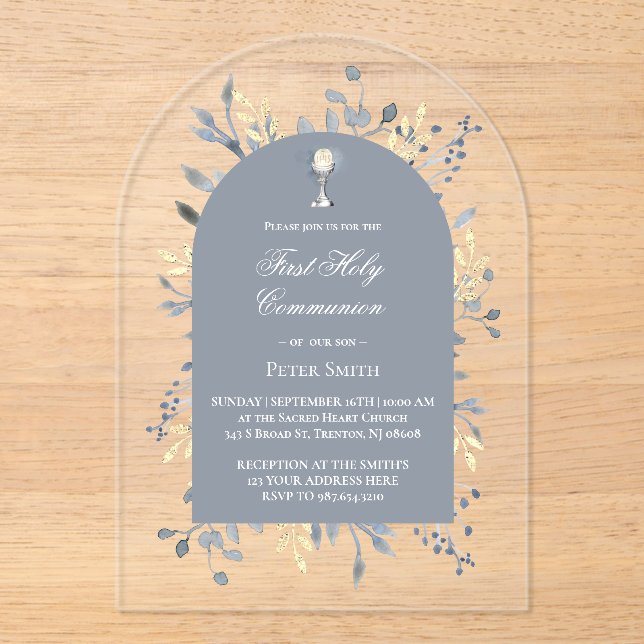  blue foliage First Holy Communion  Acrylic Invitations (Front)