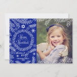 Blue Foliage Hanukkah Photo Card<br><div class="desc">Modern elegant Hanukkah photo cards featuring your favorite photo. Dark blue background with lovely white doodles of winter foliage, snowflakes and a wreath where it reads "Happy Hanukkah" and "shine bright" just under. The backside is made in light blue and white stripes. Personalize it with your family name. Send the...</div>