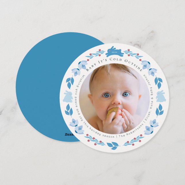 Blue Folk Art Baby It's Cold Outside Photo Holiday Card (Front/Back)