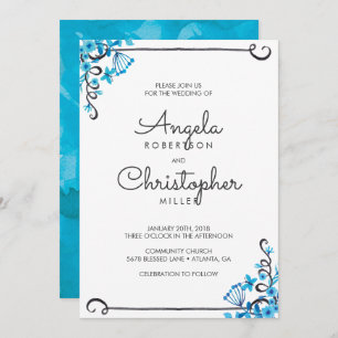 Blue Folk Art Floral Watercolor Wedding Invitation