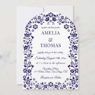 Blue Folk Art Floral Wedding  Invitation