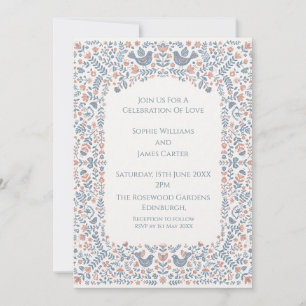 Blue Folk Art Floral Wedding Invitation