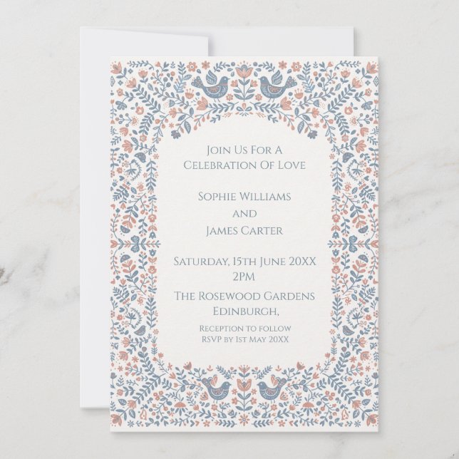 Blue Folk Art Floral Wedding Invitation (Front)