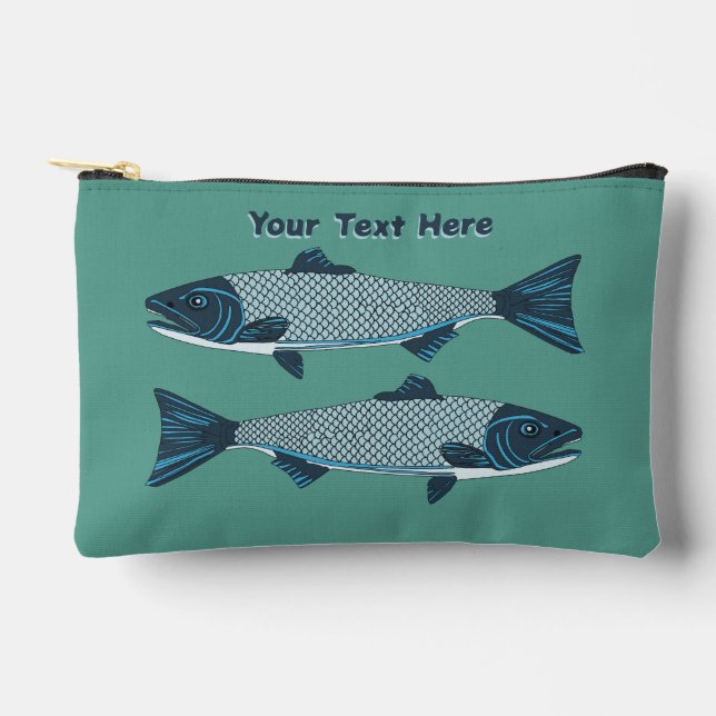 Blue Folk Art Trout/Salmon Accessory Pouch (Front)
