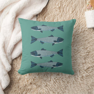 Blue Folk Art Trout/Salmon Cushion