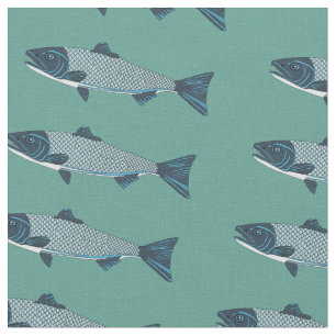 Blue Folk Art Trout/Salmon Fabric