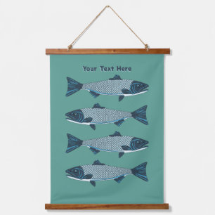 Blue Folk Art Trout/Salmon Hanging Tapestry