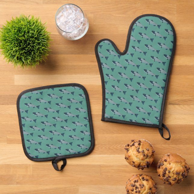 Blue Folk Art Trout/Salmon Oven Mitt & Pot Holder Set (Top Down)