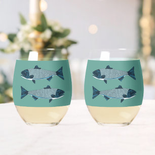 Blue Folk Art Trout/Salmon Stemless Wine Glass
