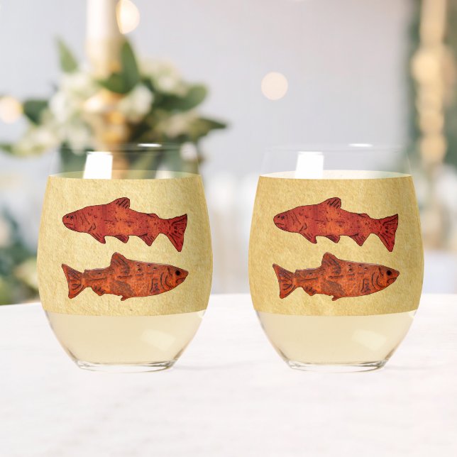 Blue Folk Art Trout/Salmon Stemless Wine Glass (Insitu (Wedding))