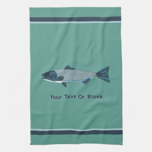 Blue Folk Art Trout/Salmon Tea Towel