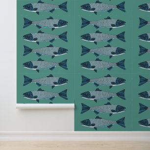 Blue Folk Art Trout/Salmon Wallpaper