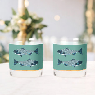 Blue Folk Art Trout/Salmon Whiskey Glass