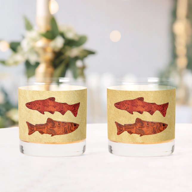 Blue Folk Art Trout/Salmon Whiskey Glass (Insitu (Wedding))