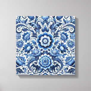Blue Folk Floral Pattern Canvas Print