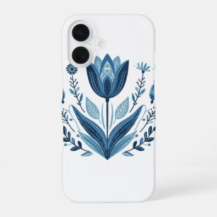 Blue Folk Floral Pattern iPhone 16 Case