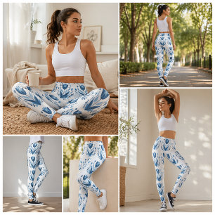 Blue Folk Floral Pattern Leggings