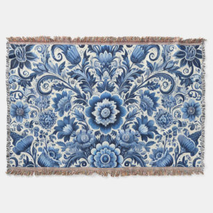 Blue Folk Floral Pattern Throw Blanket