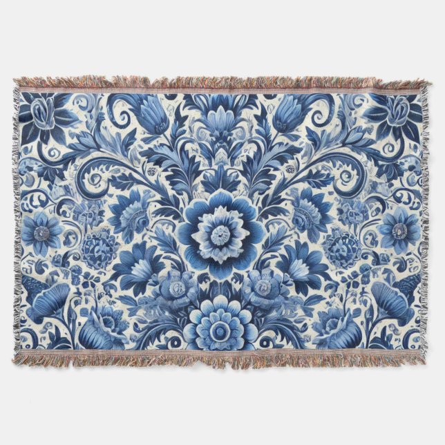 Blue Folk Floral Pattern Throw Blanket (Front)