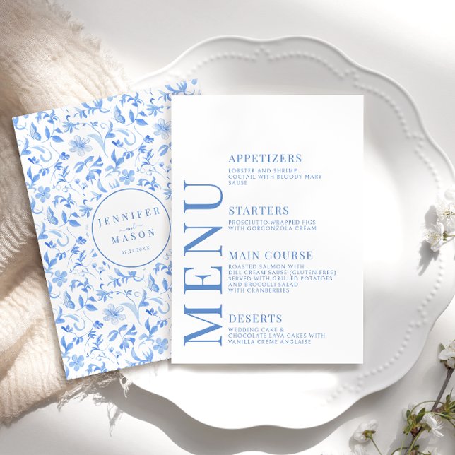 Blue folk floral porcelain wedding menu cards (Creator Uploaded)