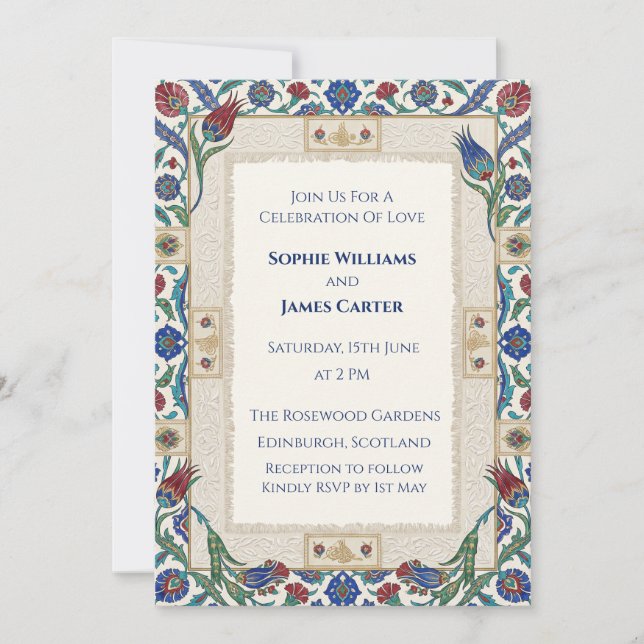 Blue Folk Floral Wedding Invitation (Front)