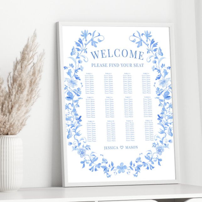 Blue folk floral wreath boho wedding seating chart (Creator Uploaded)