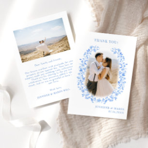 Blue folk floral wreath Wedding Photo Thank You Card