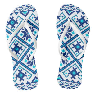  Blue Folk Pattern Ornament Flip Flops