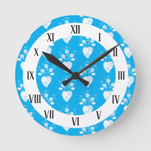 Blue folk Portuguese heart in blossom   Round Clock