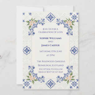 Blue Folk Tile Wedding Invitation