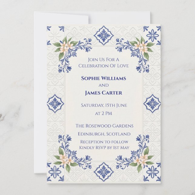 Blue Folk Tile Wedding Invitation (Front)