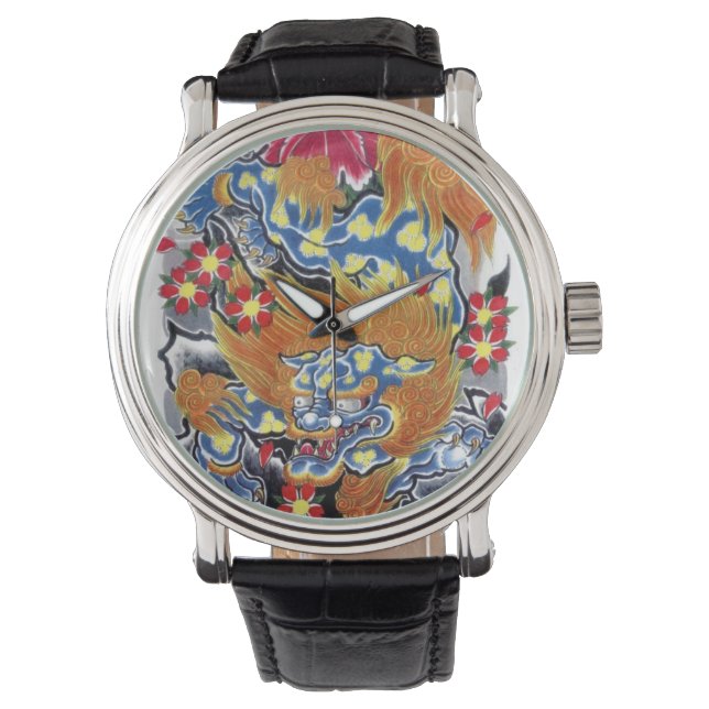 Blue Foo Dog Japanese Tattoo Design Watch (Front)