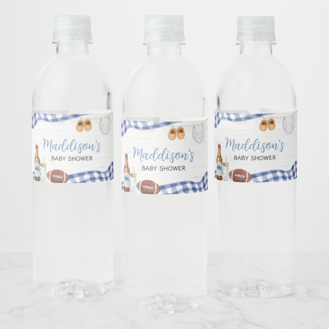Blue Football Baby Shower Water Bottle Label (Bottles)