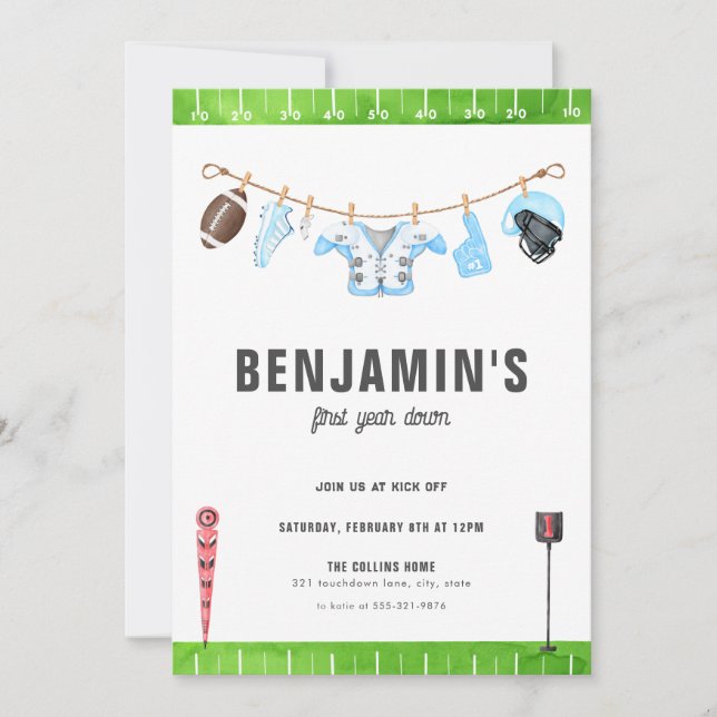 Blue Football Birthday First Year Down 1st Invite (Front)