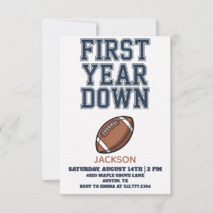 Blue Football First Year Down Boy 1st Birthday  Invitation