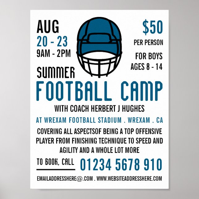 Blue Football Helmet, Football Camp Advertising Poster (Front)