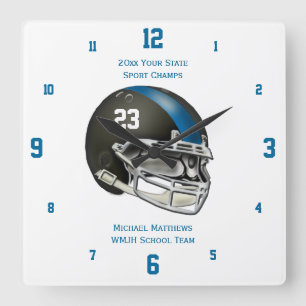 Blue Football Helmet Name and School Clock